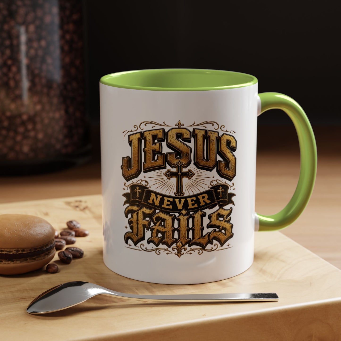 Jesus Never Fails Accent Coffee Mug — Inspirational Christian Faith 11/15oz