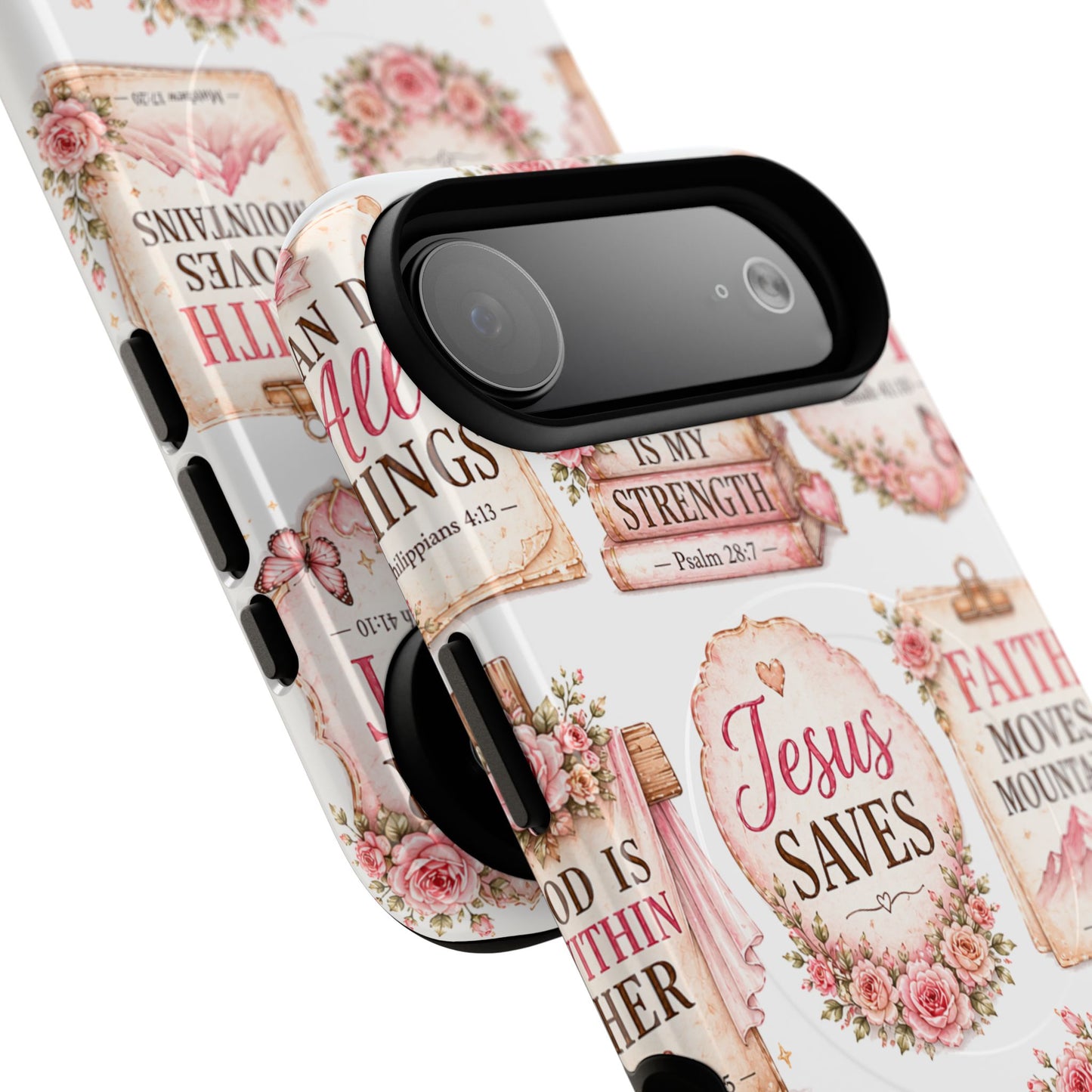 Christian Faith iPhone Tough Magnetic Case — 'Jesus Saves' Floral Scripture Design (Fear Not, Faith Moves Mountains)