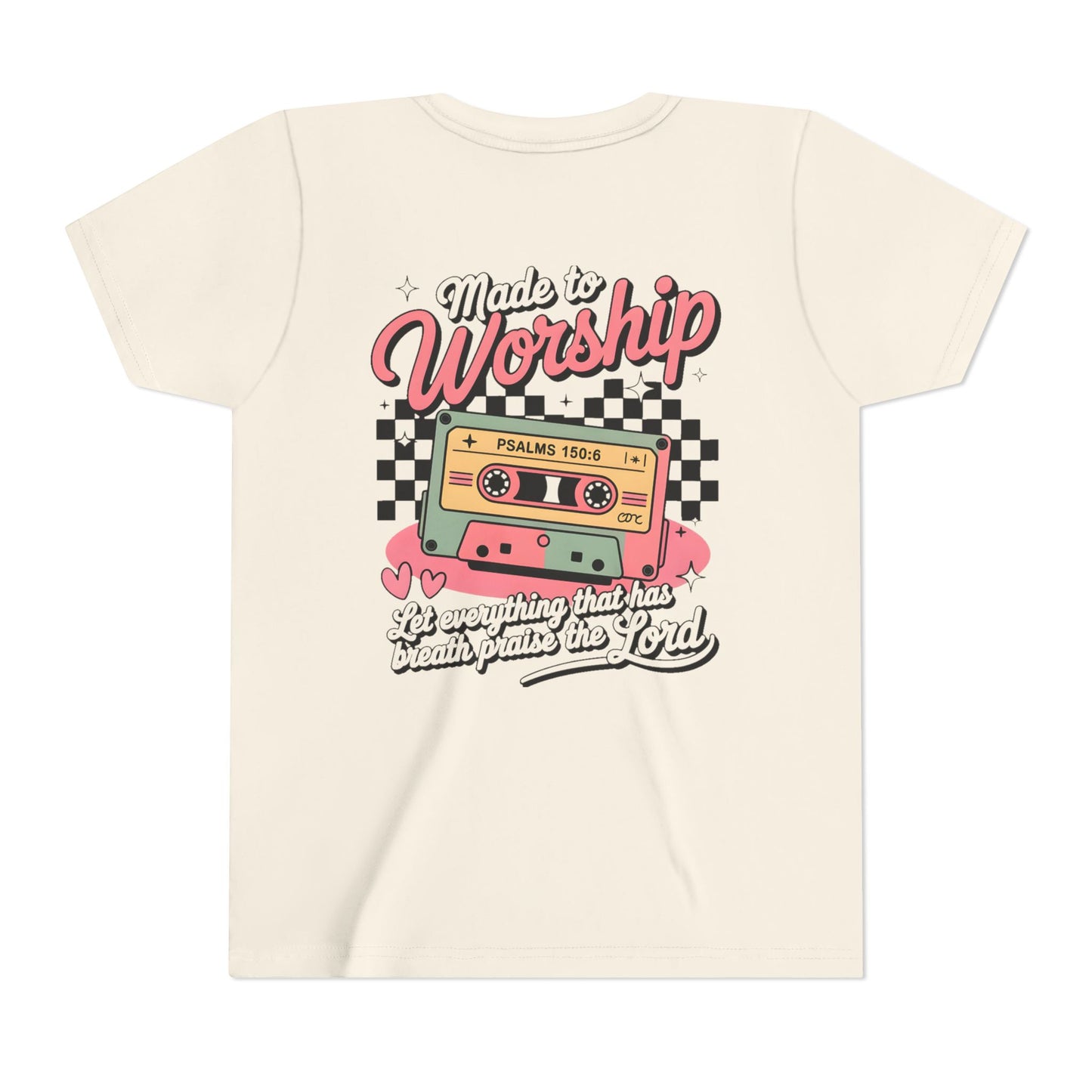 Made to Worship Youth Tee – Retro Cassette Christian Kids Shirt (Psalms 100:4)