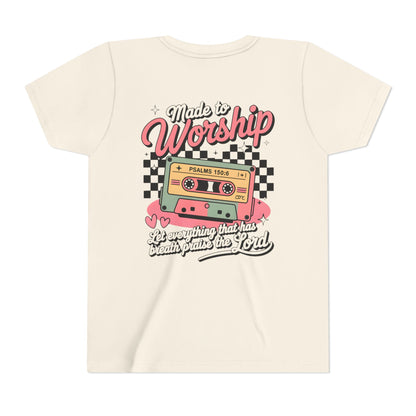 Made to Worship Youth Tee – Retro Cassette Christian Kids Shirt (Psalms 100:4)