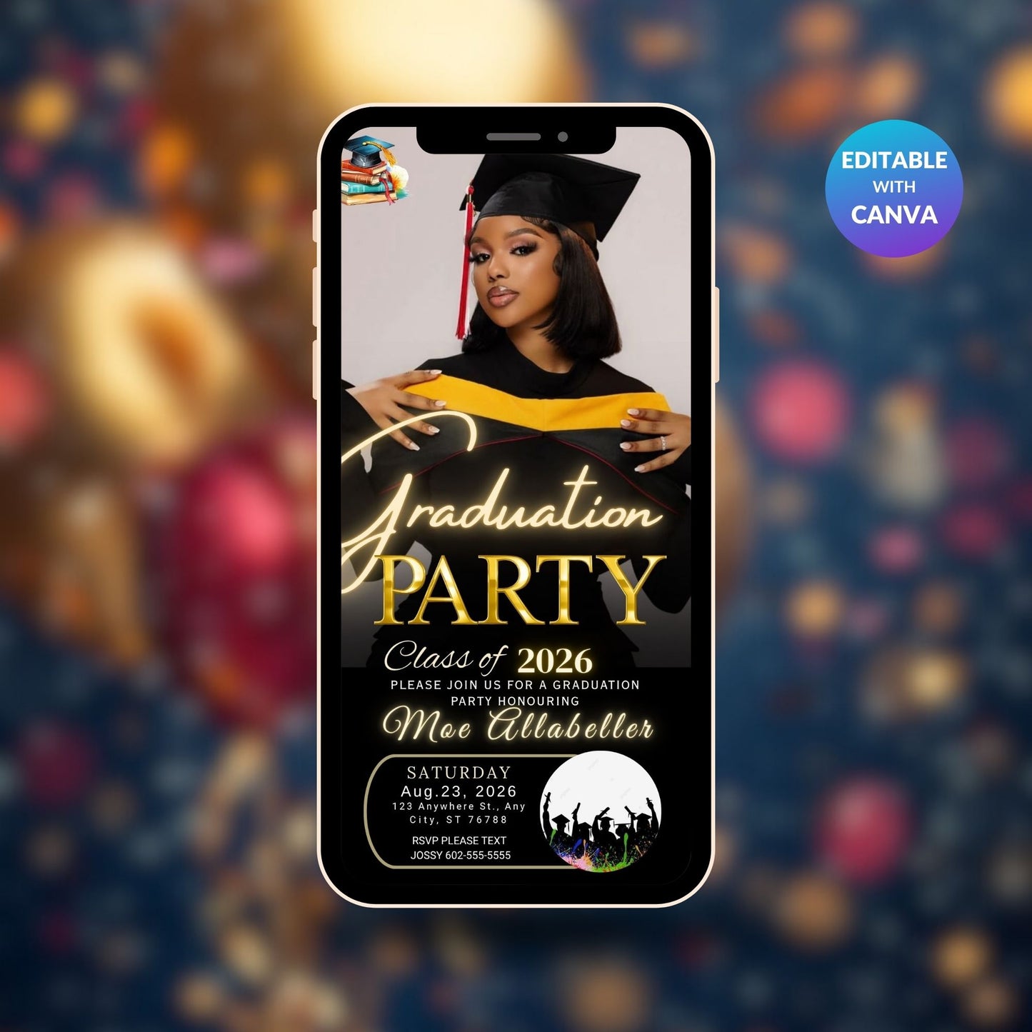 Elegant Black Mobile Graduation Invite | Editable Graduation Digital Invitation Template