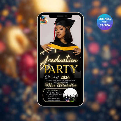 Elegant Black Mobile Graduation Invite | Editable Graduation Digital Invitation Template