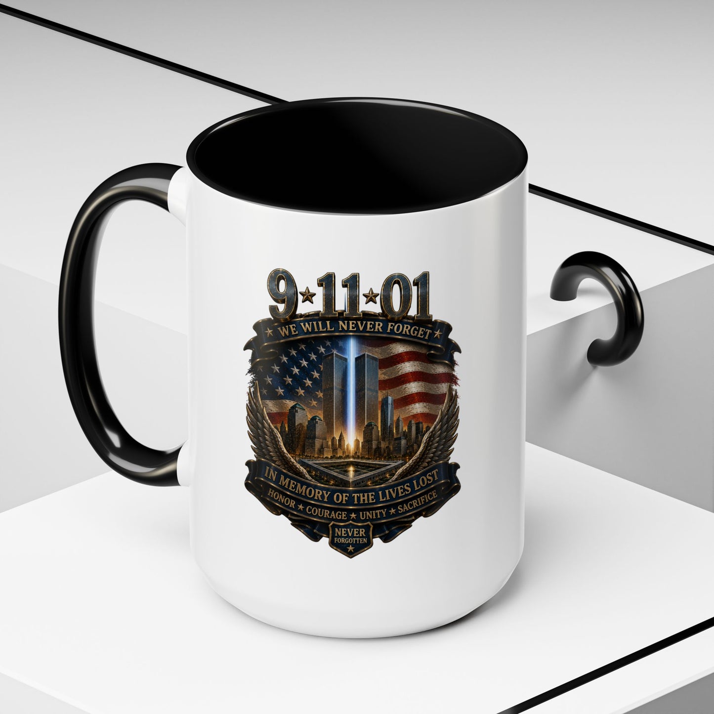 9/11 Memorial Coffee Mug — 'We Will Never Forget' Tribute Accent Mug