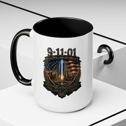 9/11 Memorial Coffee Mug — 'We Will Never Forget' Tribute Accent Mug