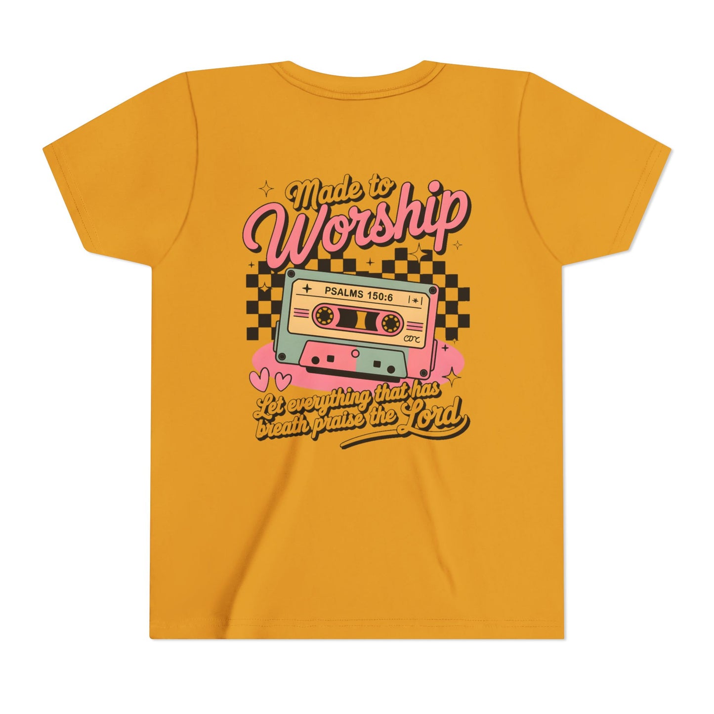 Made to Worship Youth Tee – Retro Cassette Christian Kids Shirt (Psalms 100:4)
