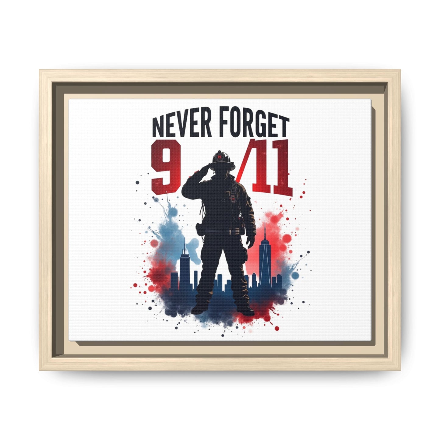 Never Forget 9/11 Framed Canvas Print — Patriotic Firefighter Memorial Art