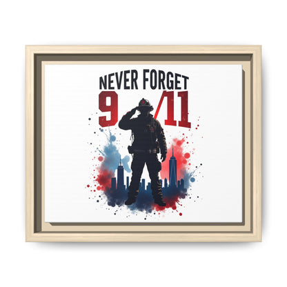 Never Forget 9/11 Framed Canvas Print — Patriotic Firefighter Memorial Art