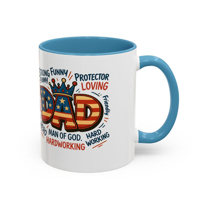 Dad Coffee Mug — Patriotic "DAD" Design with Loving, Hardworking, Protector Keywords (11/15oz Accent Mug)