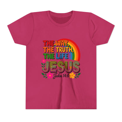 Youth Tee — "The Way, The Truth, The Life" Jesus John 14:6 Rainbow Christian Shirt