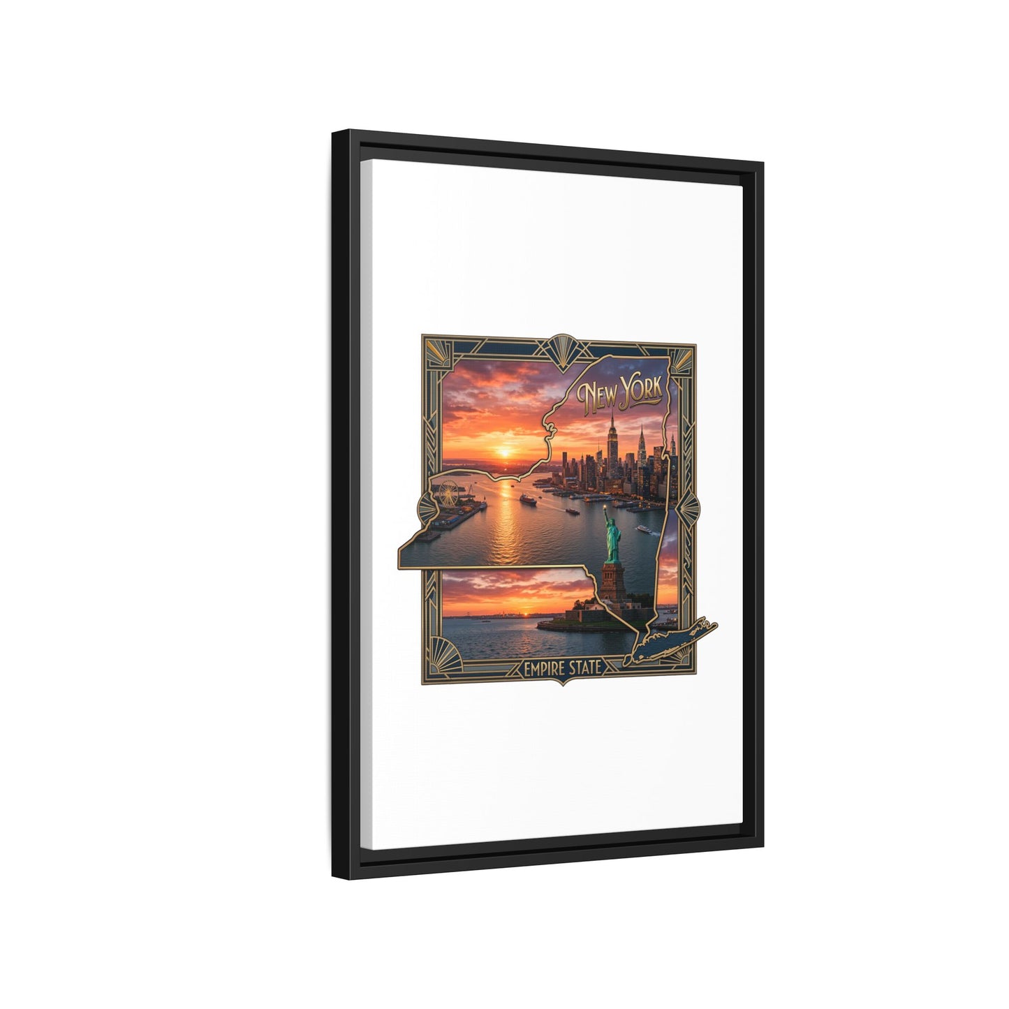 Framed Matte Canvas Wall Art — New York City Sunset Skyline with Statue of Liberty