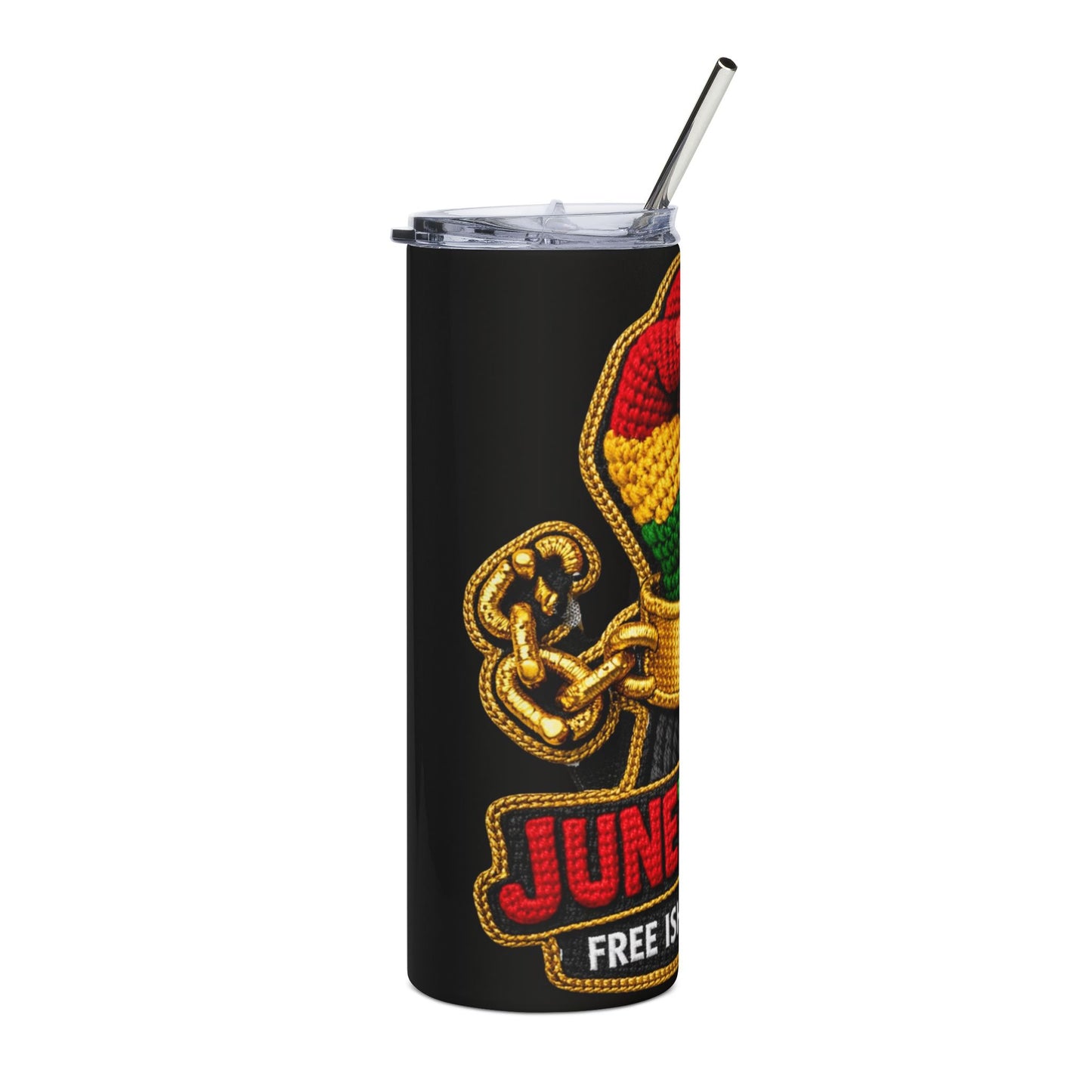 Juneteenth Stainless Tumbler — "Free-ish Since 1865" Red Green Yellow Fist Design