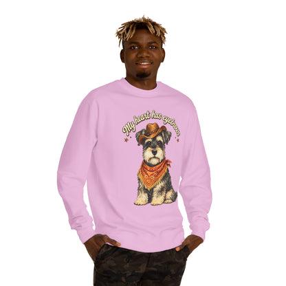 Schnauzer Cowboy Sweatshirt – "My Heart Has Eyeholes" Cute Western Dog Crewneck