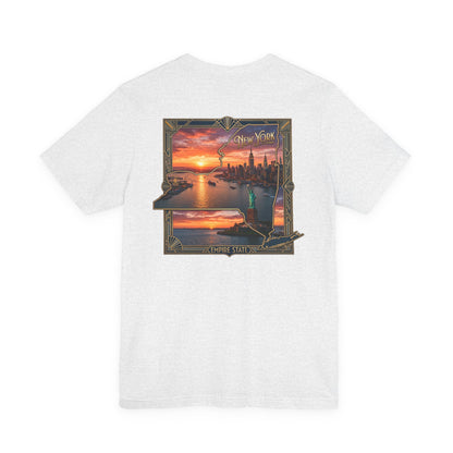 New York Sunset Skyline Tee — Statue of Liberty Vintage Travel T‑Shirt