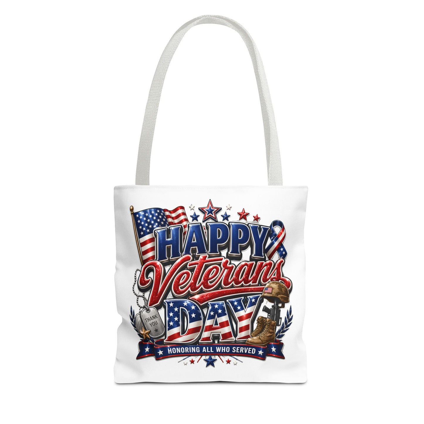 Veterans Day Tote Bag — "Happy Veterans Day" Patriotic All-Over Print