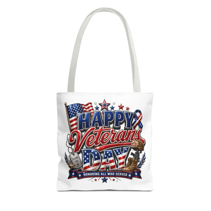 Veterans Day Tote Bag — "Happy Veterans Day" Patriotic All-Over Print