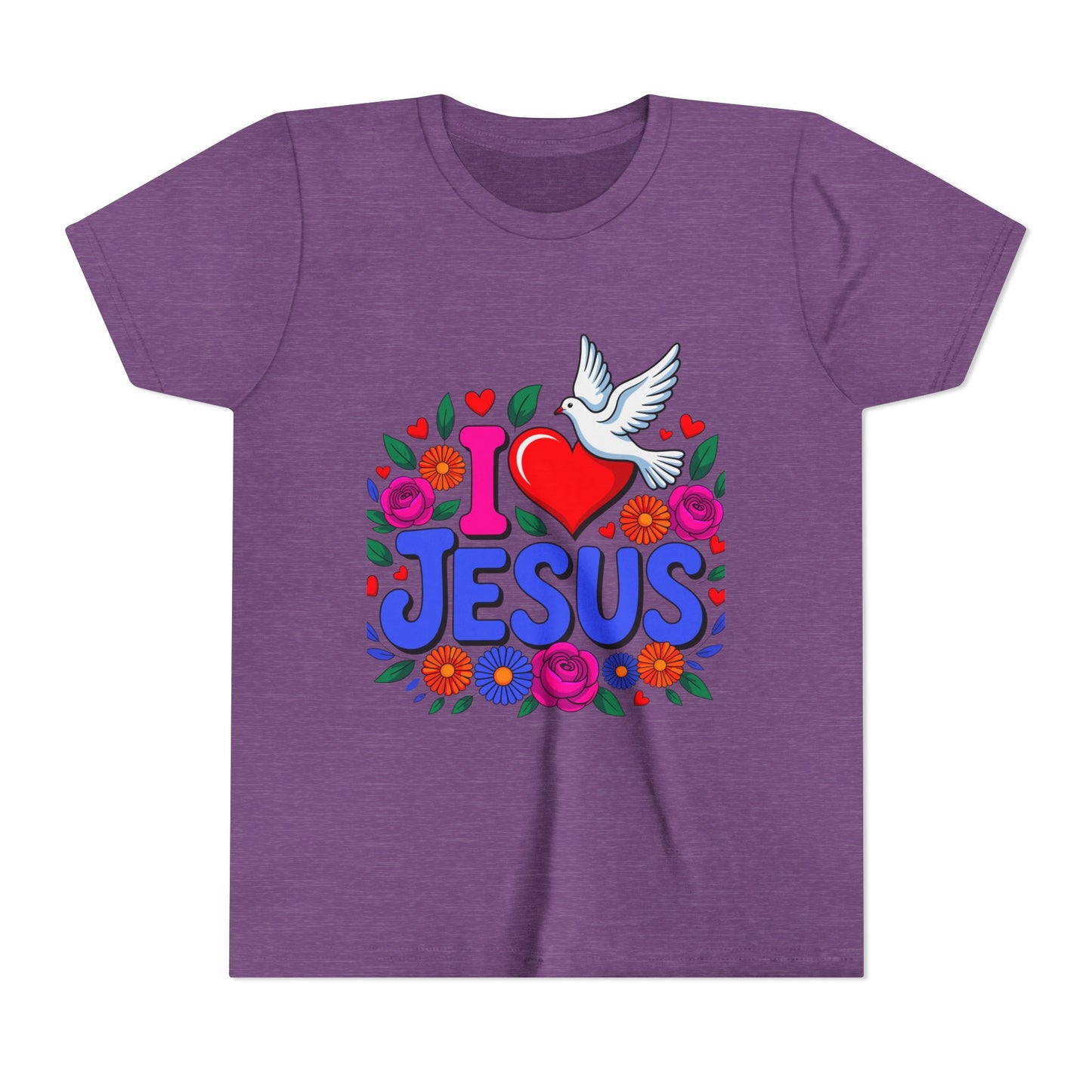 Youth Tee — "I  Jesus" Colorful Dove & Floral Christian Shirt