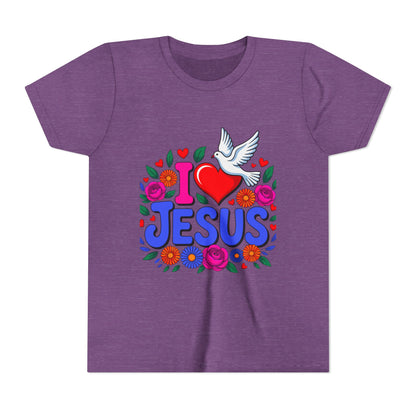 Youth Tee — "I  Jesus" Colorful Dove & Floral Christian Shirt