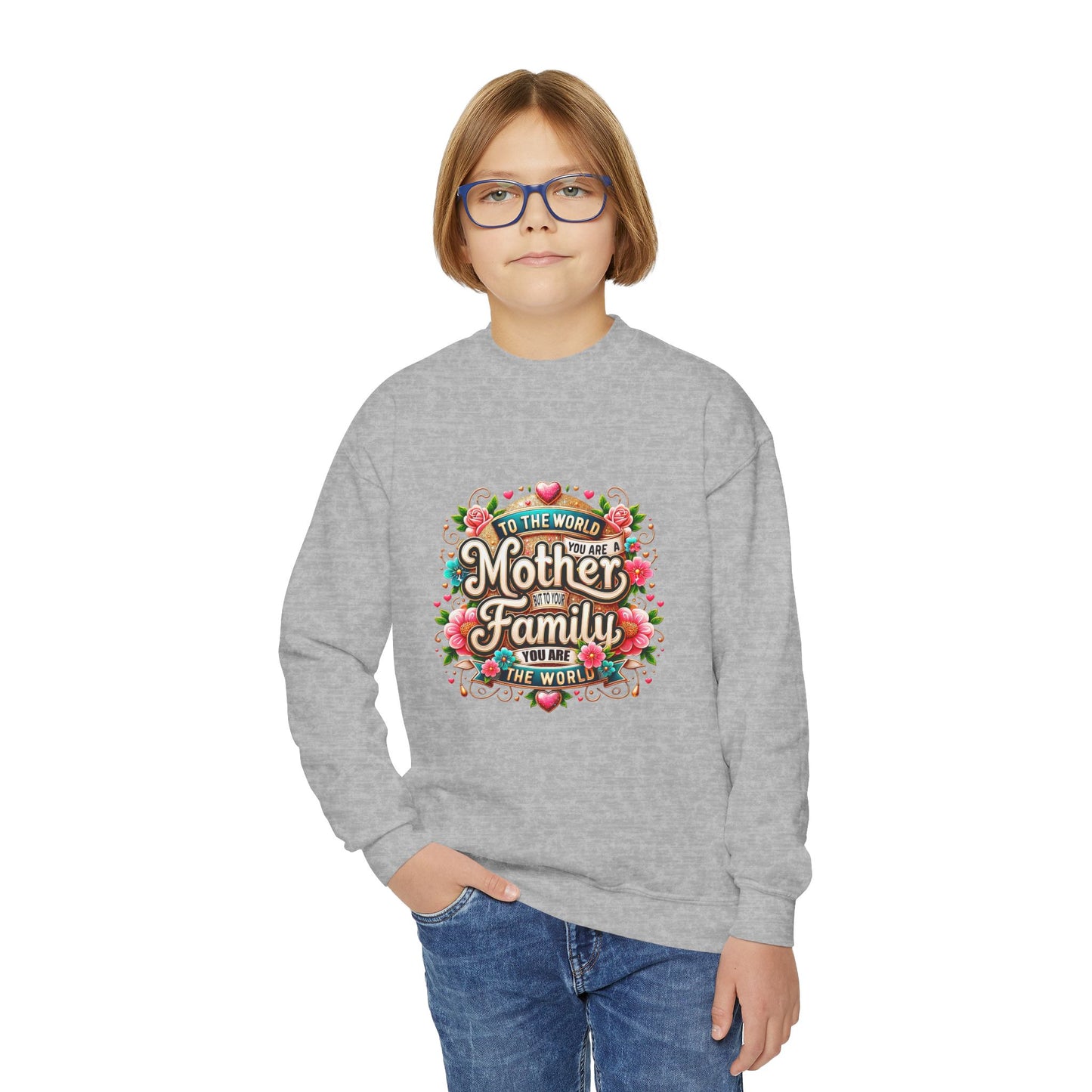 Youth Sweatshirt - "Mother & Family" Floral Quote Crewneck