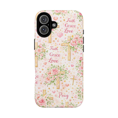 Faith Grace Love Tough Magnetic Phone Case — Floral Cross Protective Cover