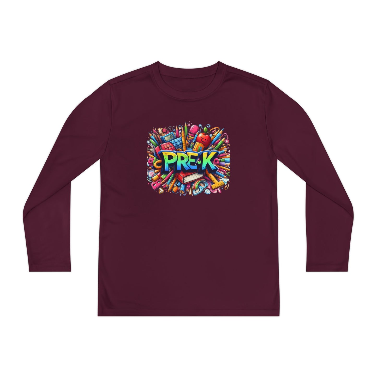 PRE-K Youth Long Sleeve Tee — Colorful School Supplies Design