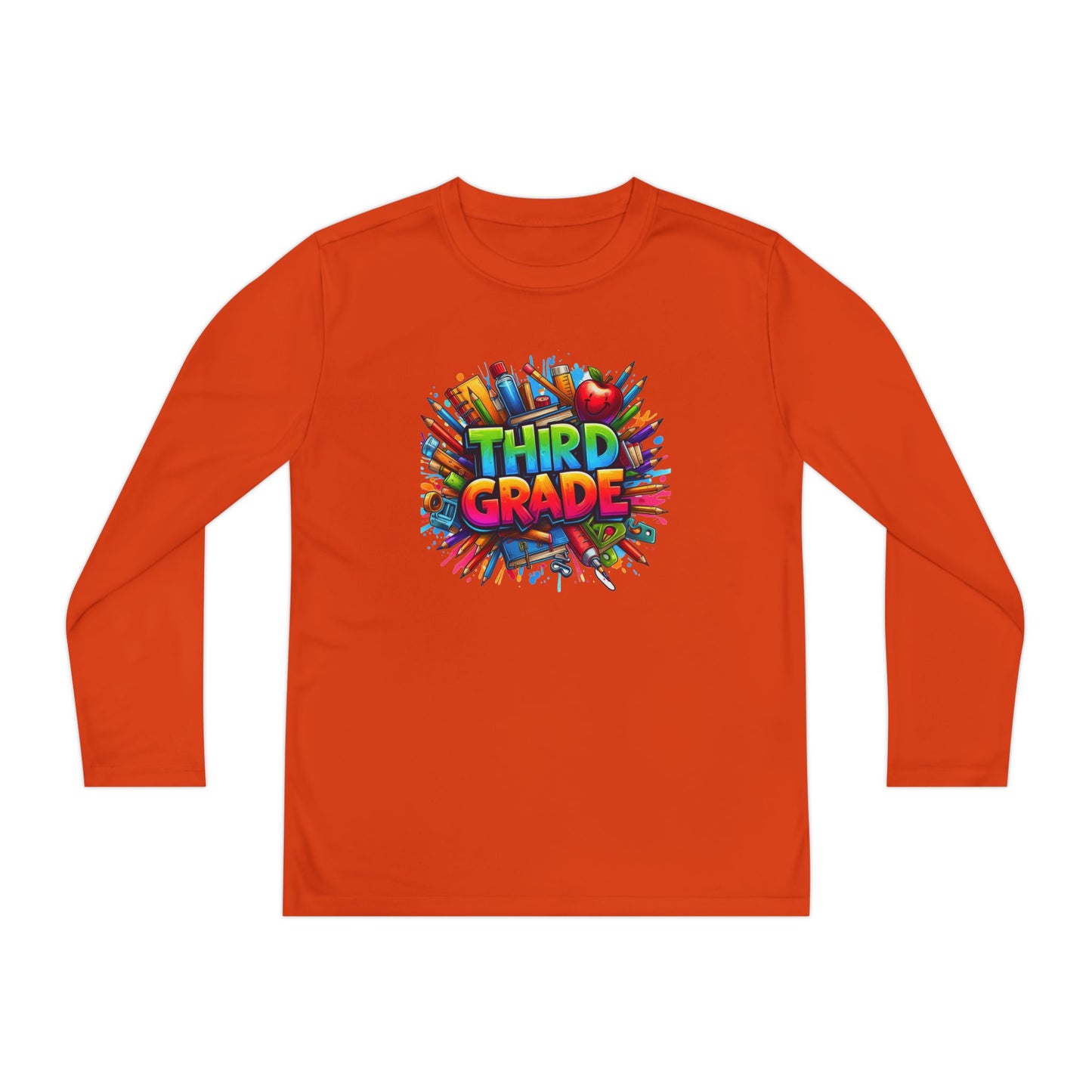 Third Grade Youth Long Sleeve Tee — Colorful School Supplies Design