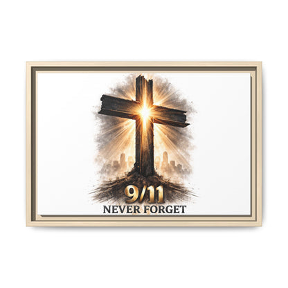 9/11 Never Forget Framed Canvas Wall Art — Memorial Cross Tribute