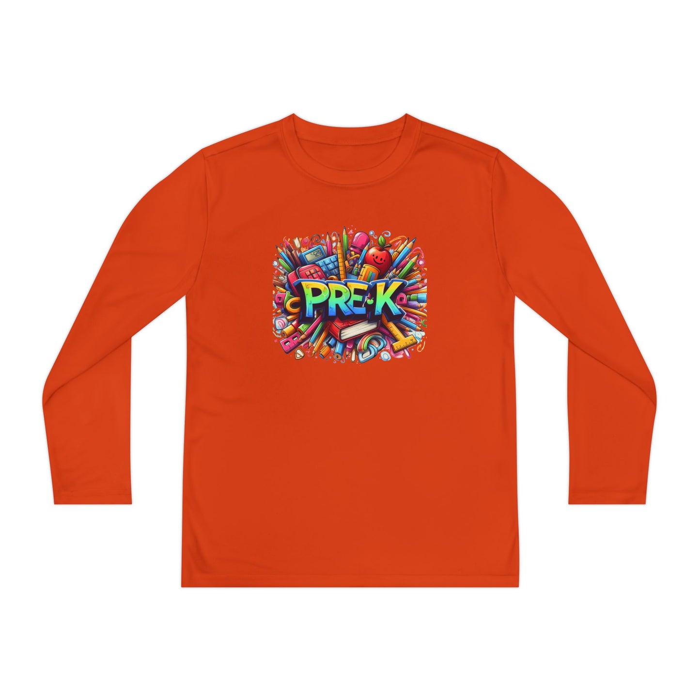 PRE-K Youth Long Sleeve Tee — Colorful School Supplies Design