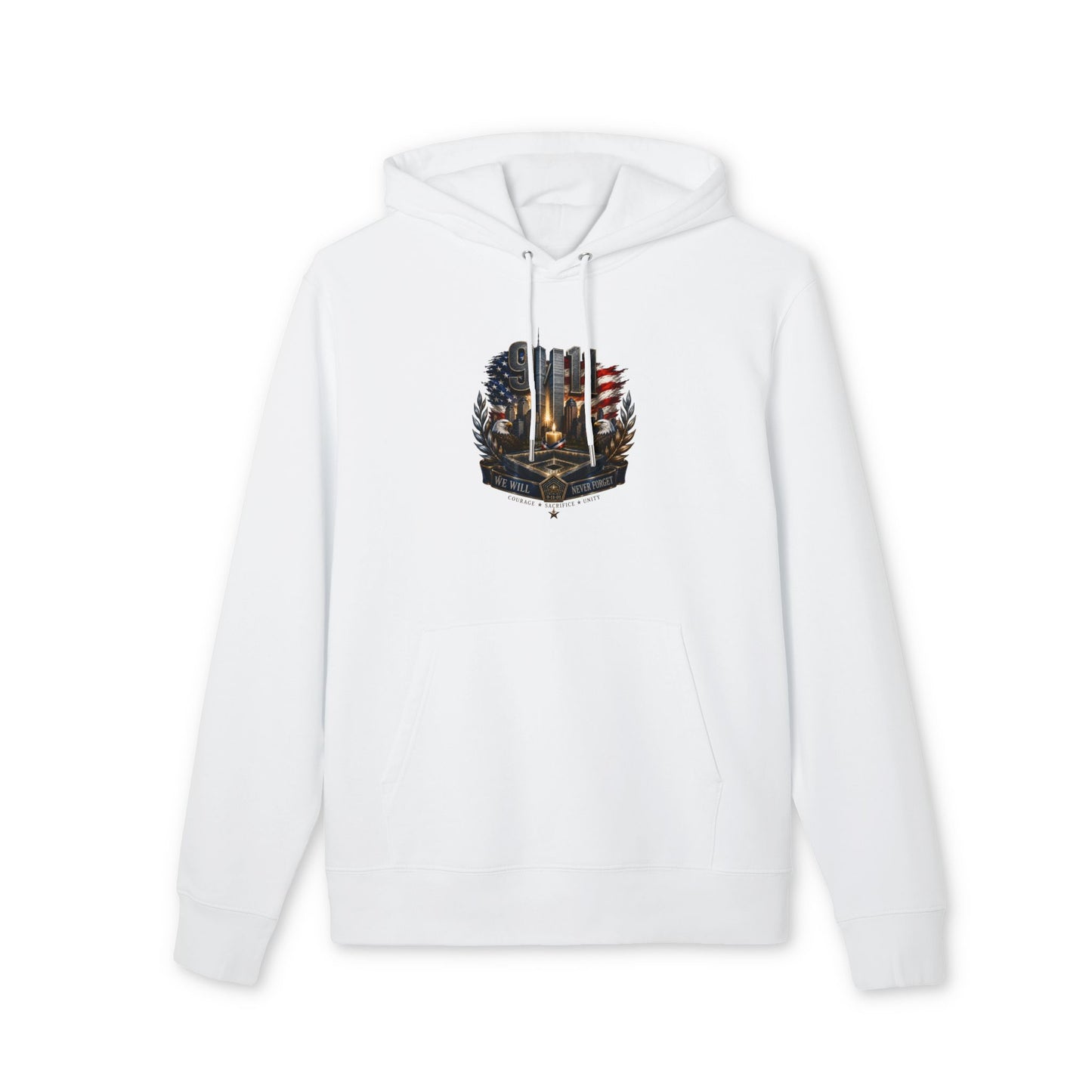 9/11 Memorial Hoodie - American Flag Tribute with Twin Towers Emblem