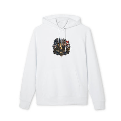 9/11 Memorial Hoodie - American Flag Tribute with Twin Towers Emblem