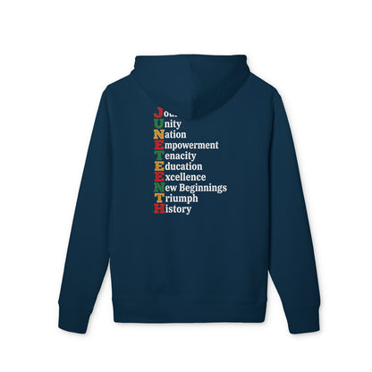 Juneteenth Hoodie — 'JUNETEENTH' Vertical Acronym Design (Unity, Nation, Empowerment)