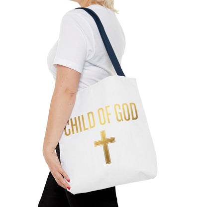 Child of God Tote Bag — Gold Cross Religious Canvas Tote