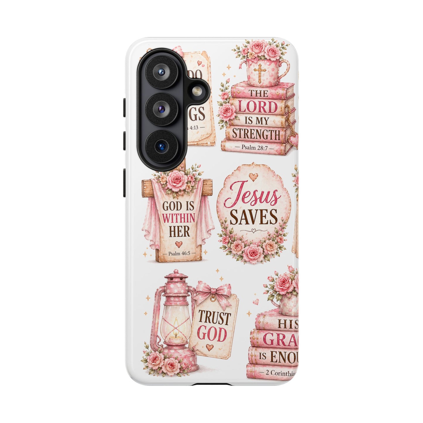 Christian Phone Case — Jesus Saves Floral Tough Case with 'God Is Within Her' & 'Trust God' Design