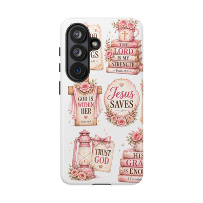 Christian Phone Case — Jesus Saves Floral Tough Case with 'God Is Within Her' & 'Trust God' Design