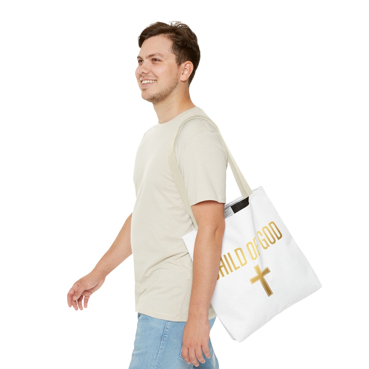 Child of God Tote Bag — Gold Cross Religious Canvas Tote