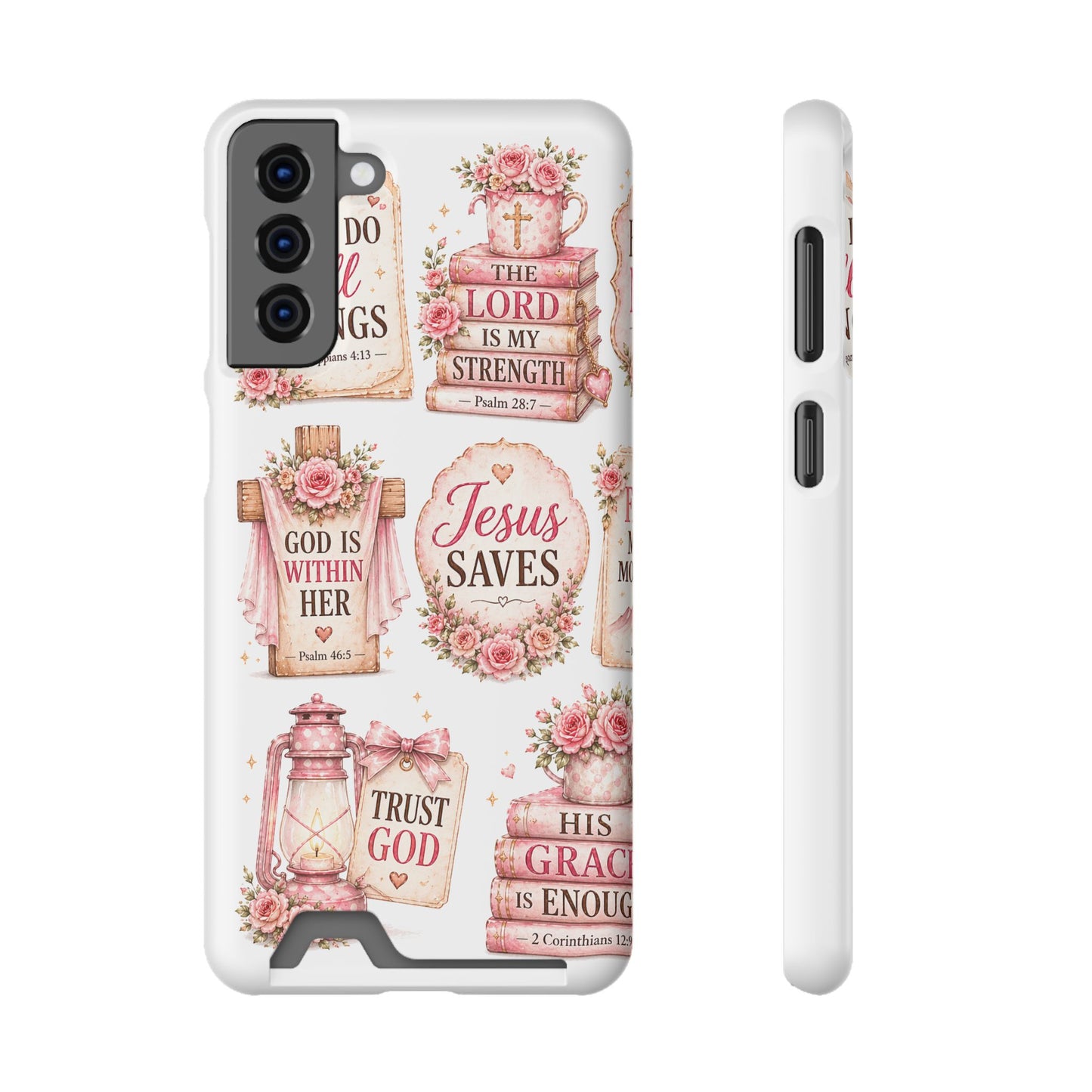 Christian Floral Phone Case with Card Holder — 'Jesus Saves' Inspirational Design