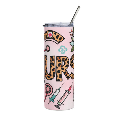 Nurse Leopard Print 20oz Stainless Tumbler – Pink Medical Stethoscope & Syringe Travel Mug