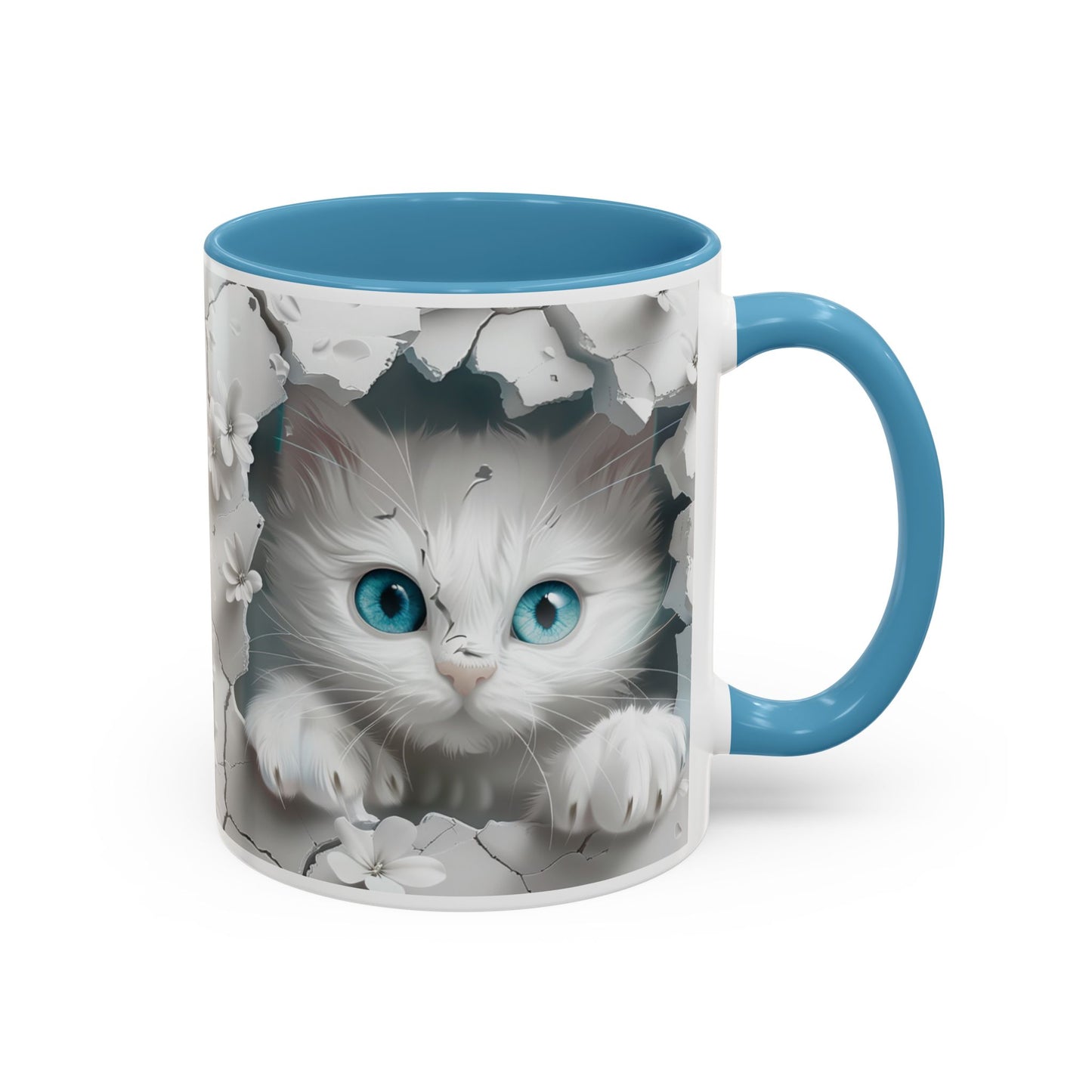 Cute Blue-Eyed Kitten Accent Coffee Mug – Floral Peekaboo Cat Design (11/15 oz)