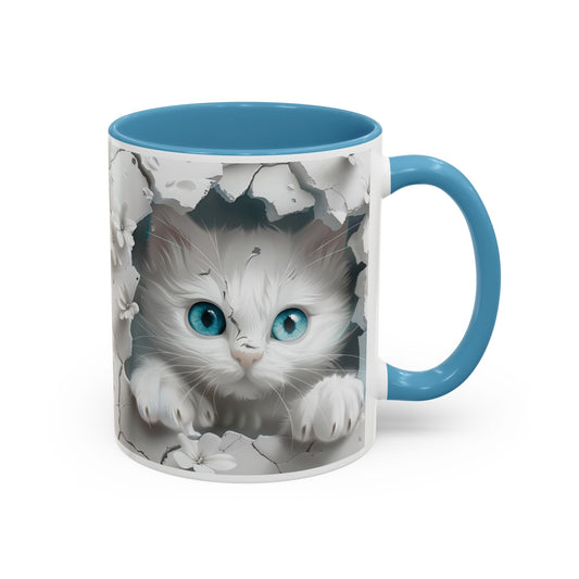Cute Blue-Eyed Kitten Accent Coffee Mug – Floral Peekaboo Cat Design (11/15 oz)