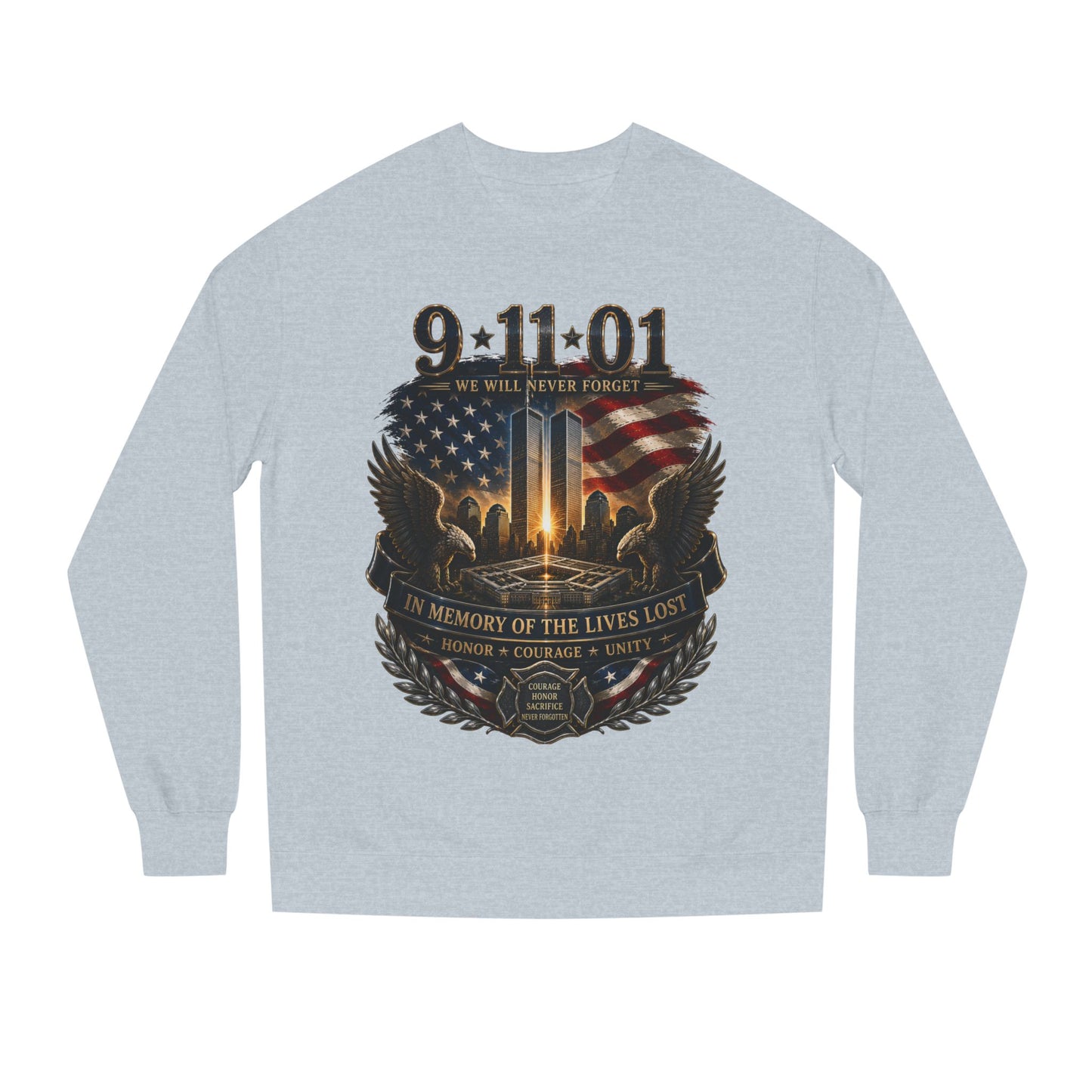 9/11 Memorial Sweatshirt – 'We Will Never Forget' Twin Towers Tribute Crewneck