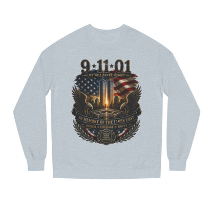 9/11 Memorial Sweatshirt – 'We Will Never Forget' Twin Towers Tribute Crewneck