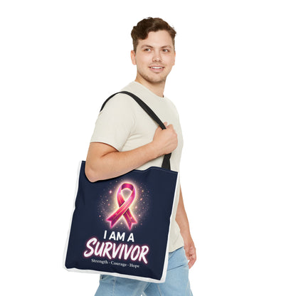 Survivor Ribbon Tote Bag — "I Am A Survivor" Breast Cancer Awareness Tote