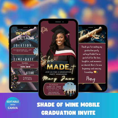 Shade of Wine Mobile Graduation Invite | Elegant Editable Digital Grad Invitation