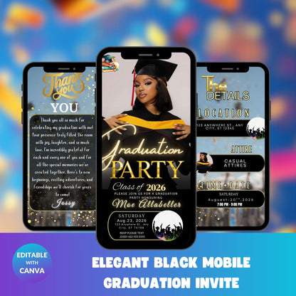 grad invite , graduation invite , black grad invite , mobile invite , editable grad , grad template , digital graduation , class of 2026 , grad party , elegant invite , graduation card , grad announcement , black invitation