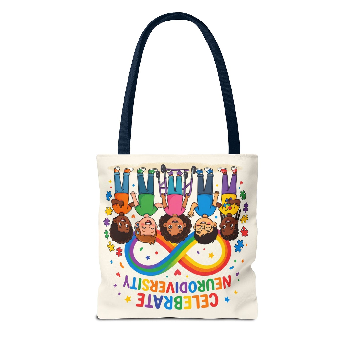Celebrate Neurodiversity Tote Bag — Rainbow Infinity Symbol with Diverse Kids