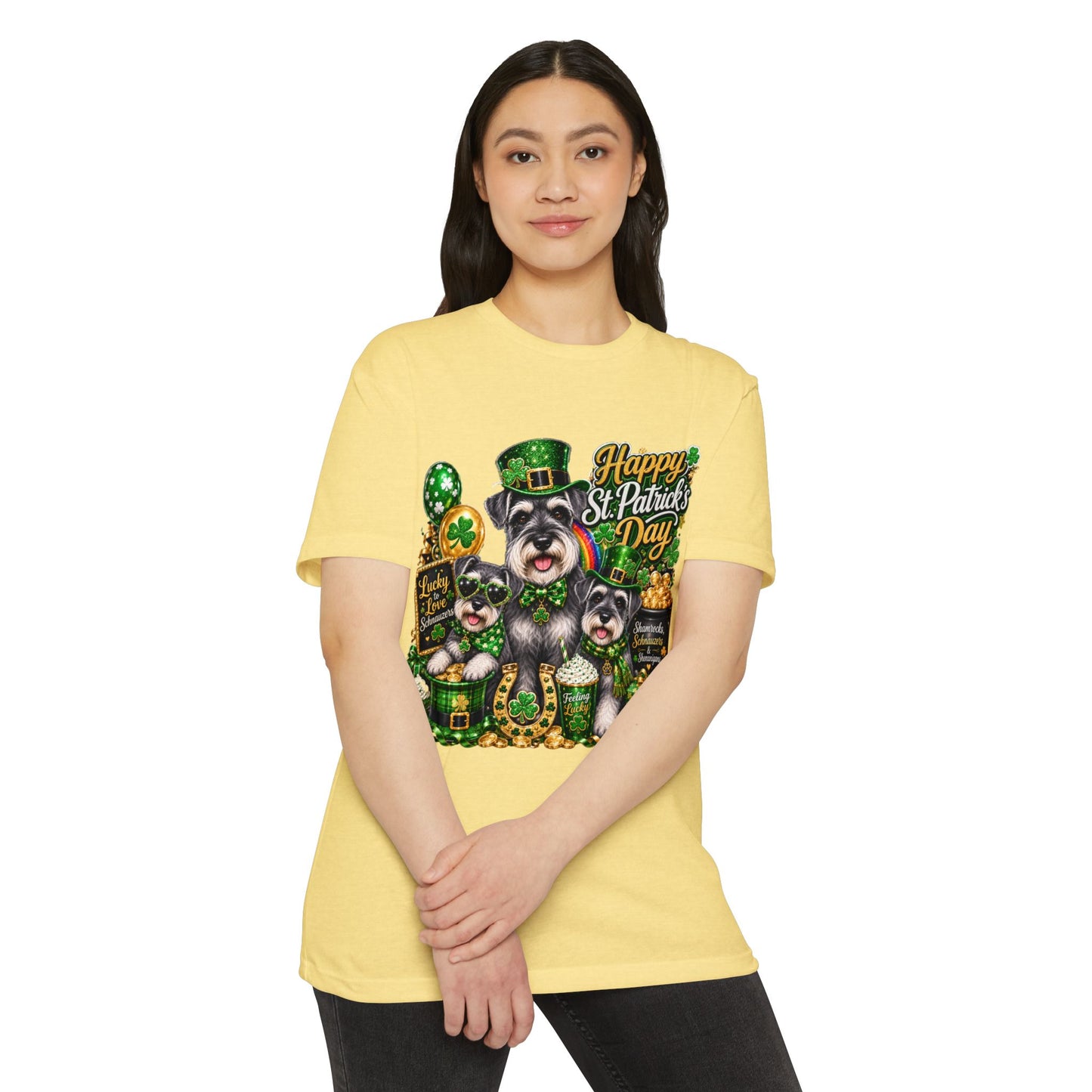 St. Patrick's Day Schnauzer T-Shirt — "Happy St. Patrick's Day" Lucky Dogs Tee
