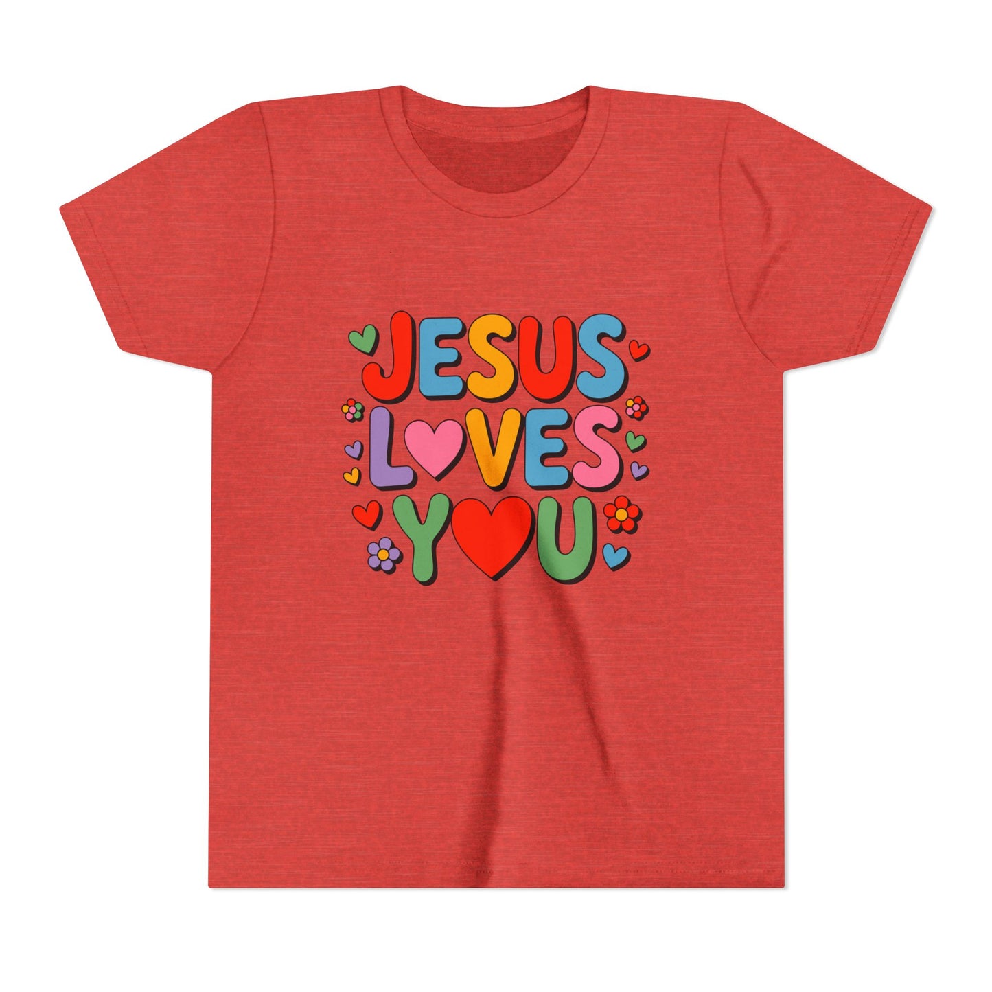 Youth Tee - "Jesus Loves You" Colorful Heart & Flower Christian Shirt