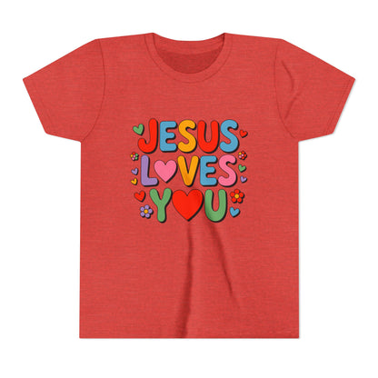 Youth Tee - "Jesus Loves You" Colorful Heart & Flower Christian Shirt