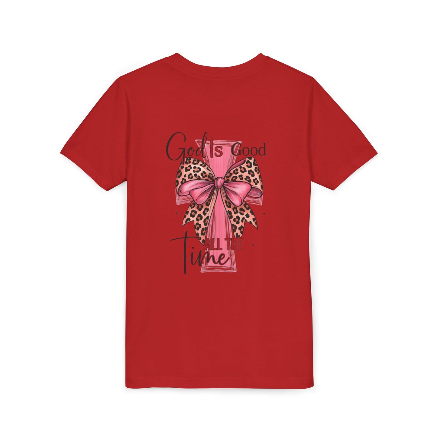 Youth Tee — "God is Good All the Time" Pink Cross with Leopard Bow