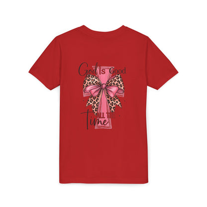 Youth Tee — "God is Good All the Time" Pink Cross with Leopard Bow