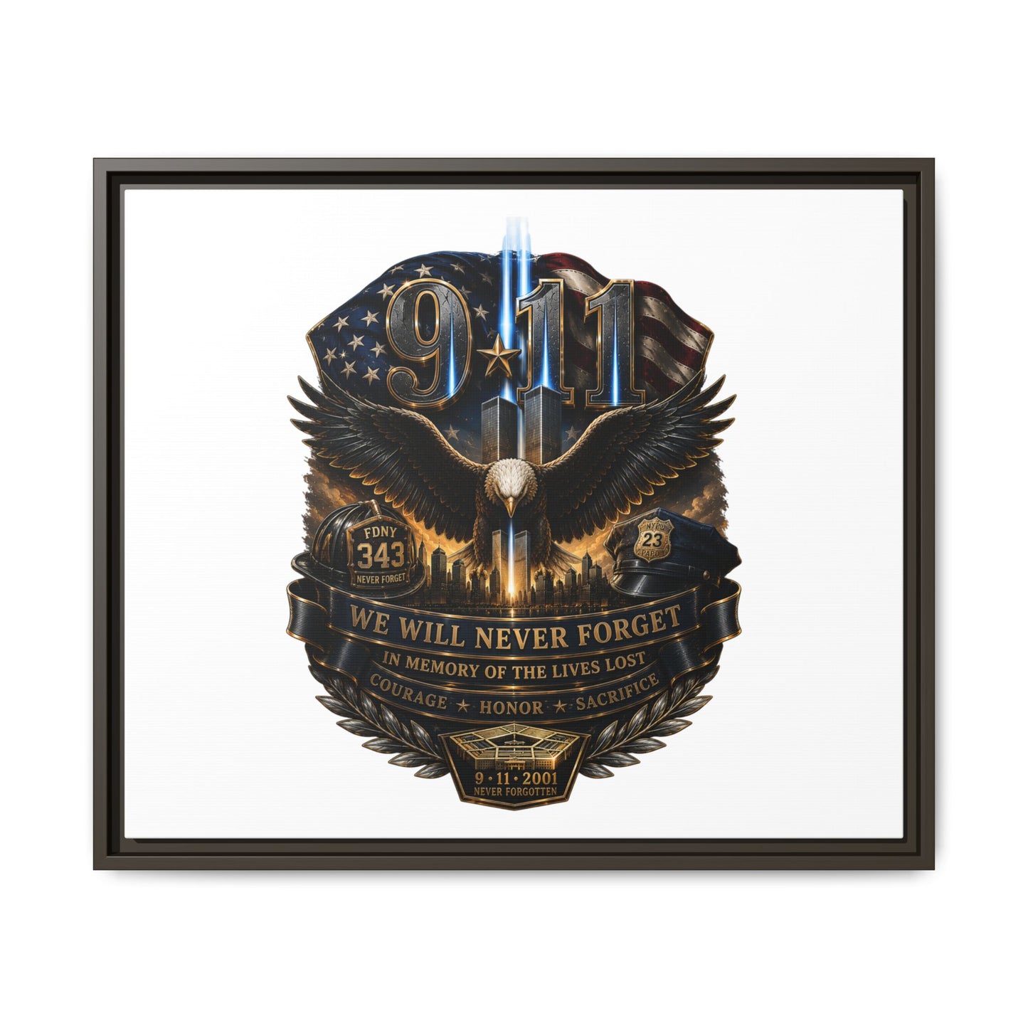 9/11 We Will Never Forget Matte Framed Canvas - Memorial Tribute Wall Art